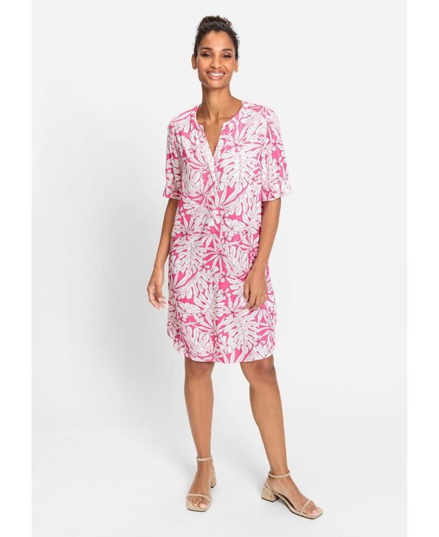 Women's 100% Viscose Short Sleeve Tunic Palm Print Dress Product Image