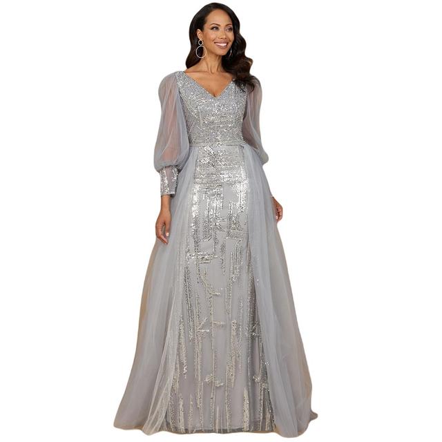 Lara Womens Long Sleeve Lace Gown with Removable Over Skirt Product Image