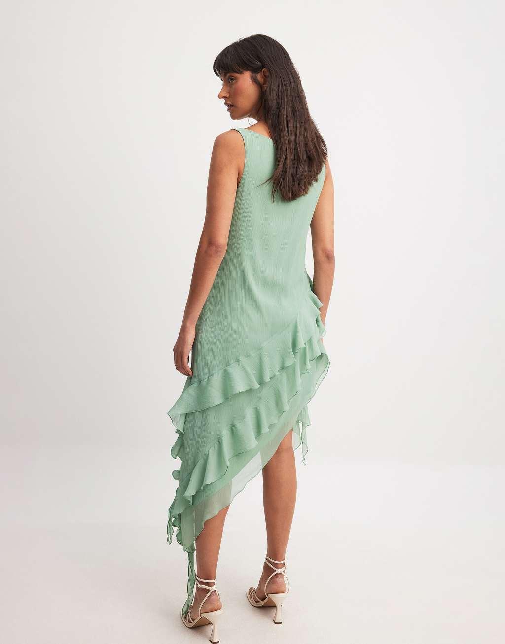 NA-KD chiffon ruffle detail midi dress in green Product Image