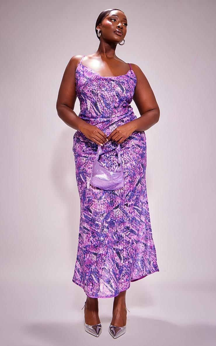 Plus Purple Sequin Floral Cowl Neck Maxi Dress Product Image