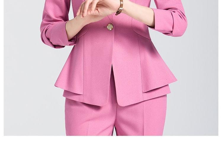 Set: Collarless Plain Single Breasted Blazer + Mid Rise Plain Slacks Product Image