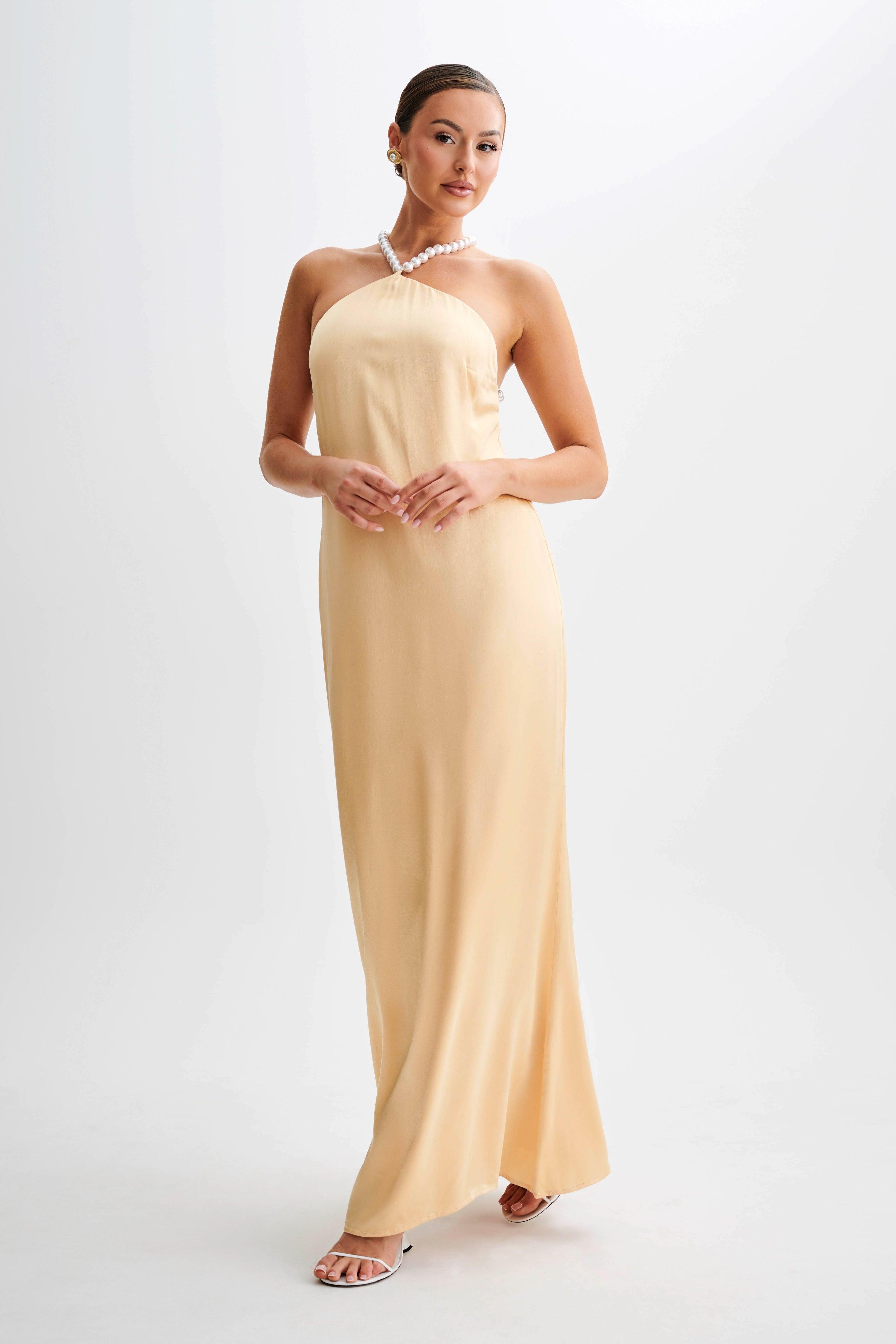 Blanche Satin Pearl Halter Maxi Dress - Peach Product Image