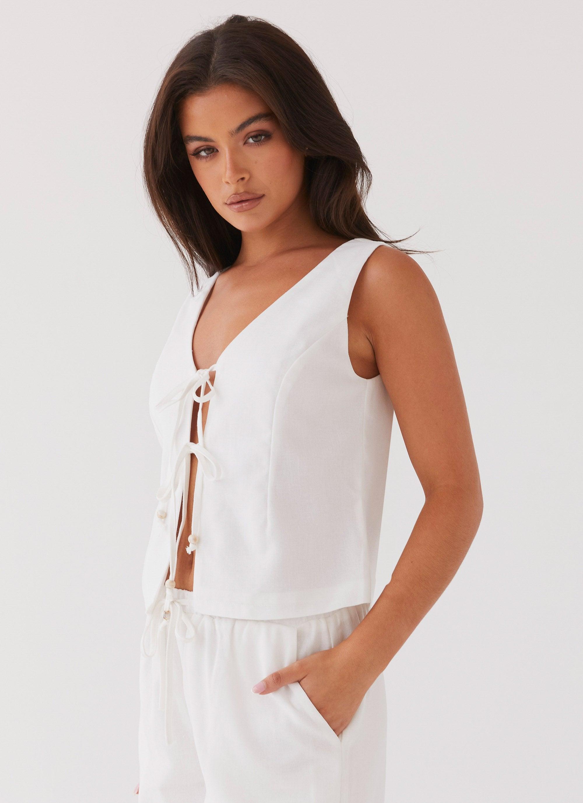 Tina Linen Vest Top - White Product Image