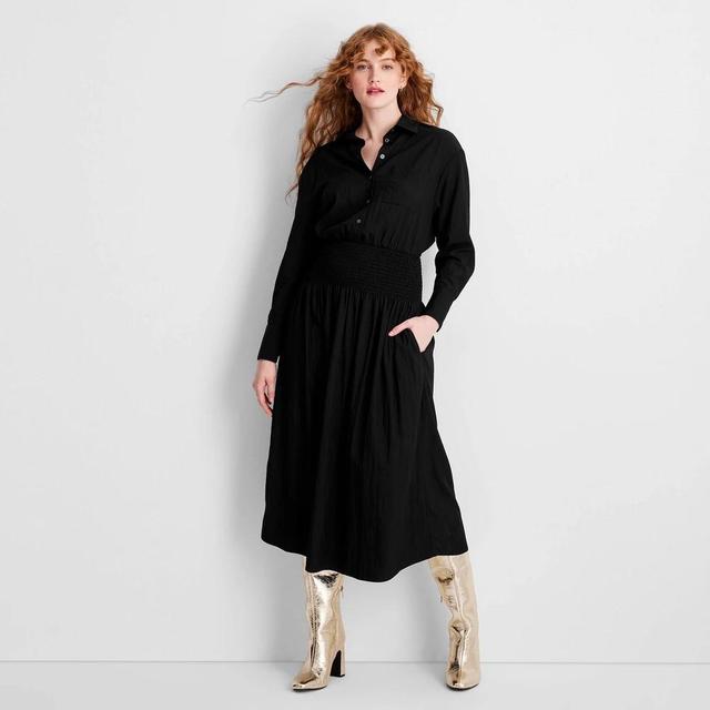 Womens Collared Long Sleeve Smocked Midi Shirtdress - Future Collective Black M Product Image