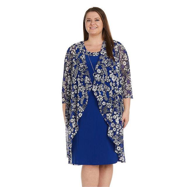 Plus Size R&M Richards 3-Piece Puff Print Mesh Jacket & Jersey Swing Dress with Detachable Necklace, Womens Light Blue Product Image