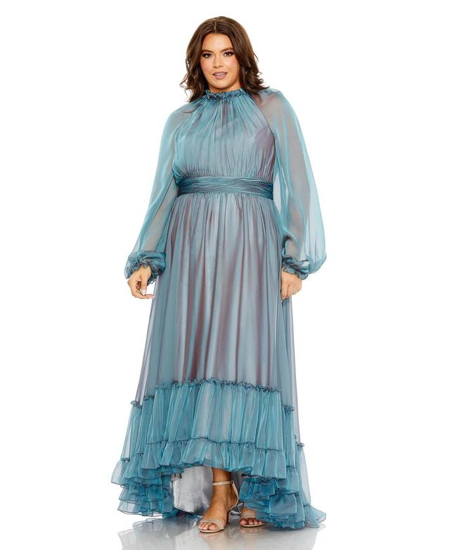 Womens Plus Size Ruffled Puff-Sleeved Chiffon Gown Product Image