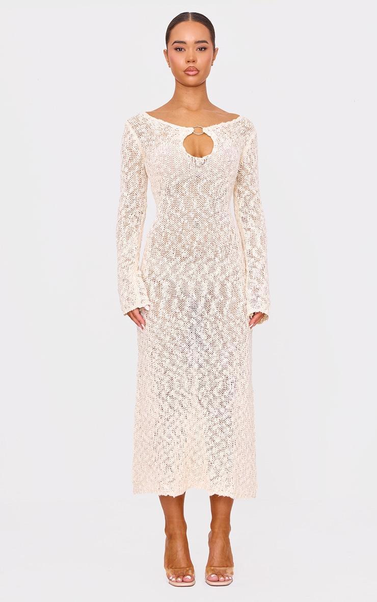 Oatmeal Textured Crochet Knit Long Sleeve Maxi Dress Product Image