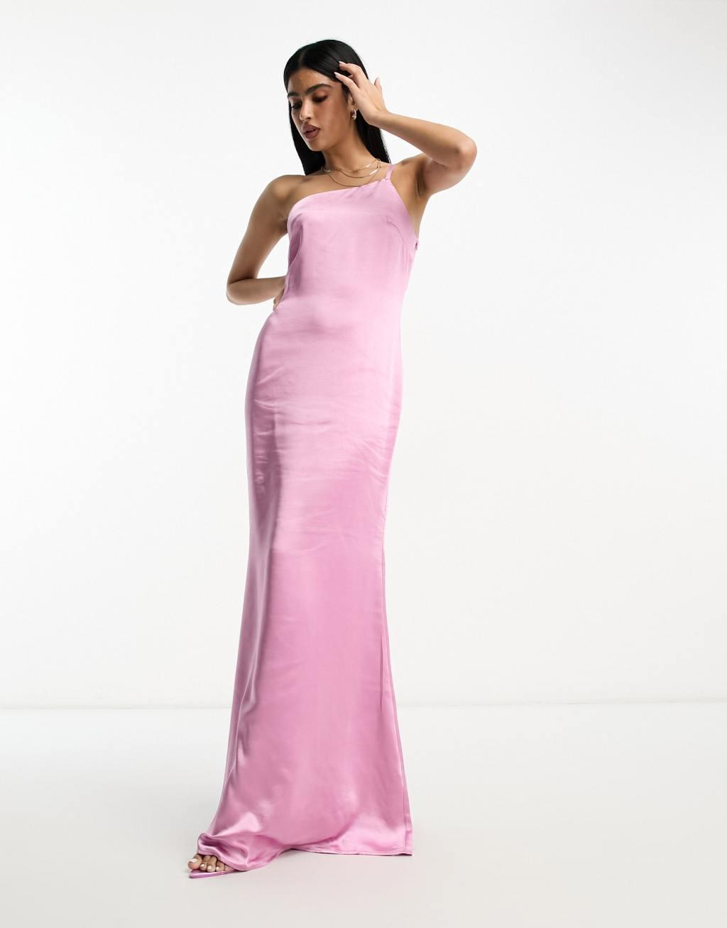 Pretty Lavish Bridesmaid Amelia one shoulder satin maxi dress in mauve Product Image