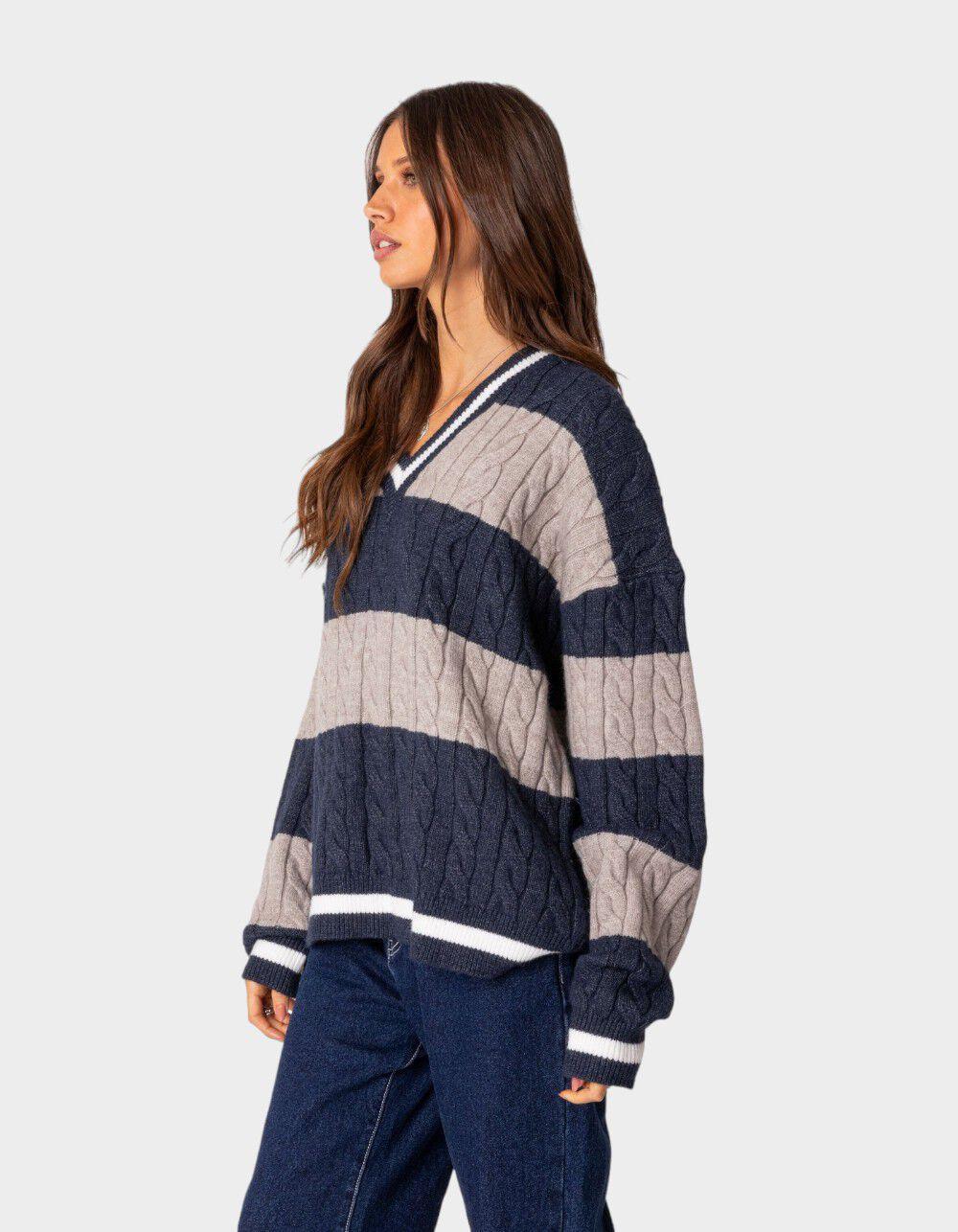 EDIKTED Romie V-Neck Cable Knit Striped Sweater Product Image