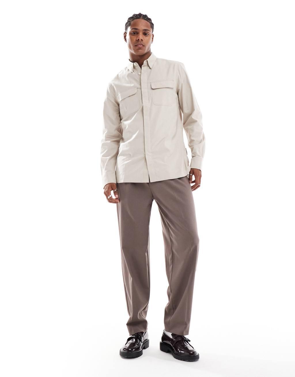 French Connection shirt with double breast pockets in stone Product Image