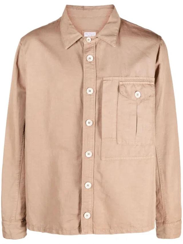 Long-sleeve Buttoned Shirt Jacket In Brown Product Image