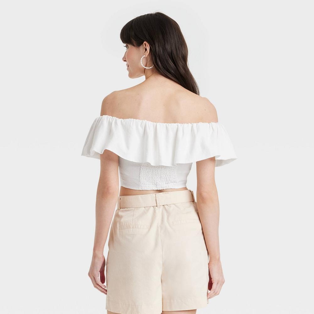 Womens Slim Fit Ruffle Sleeve Off the Shoulder Linen Blouse - A New Day White M Product Image