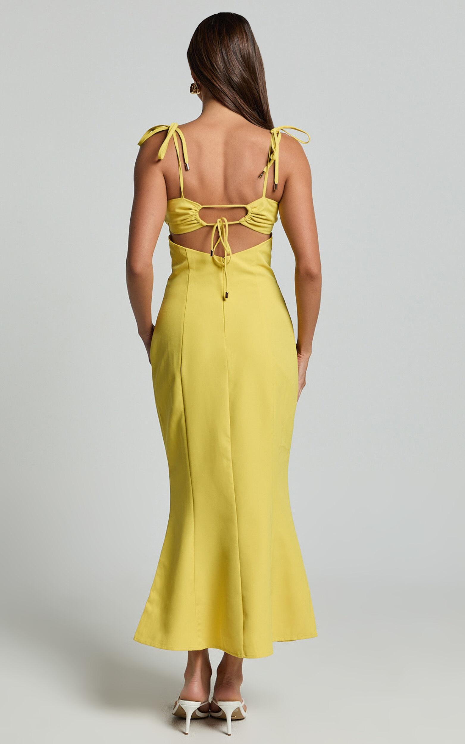 Karina Midi Dress - Ruched Bust Tie Shoulder Fit and Flare Dress in Lemon Product Image