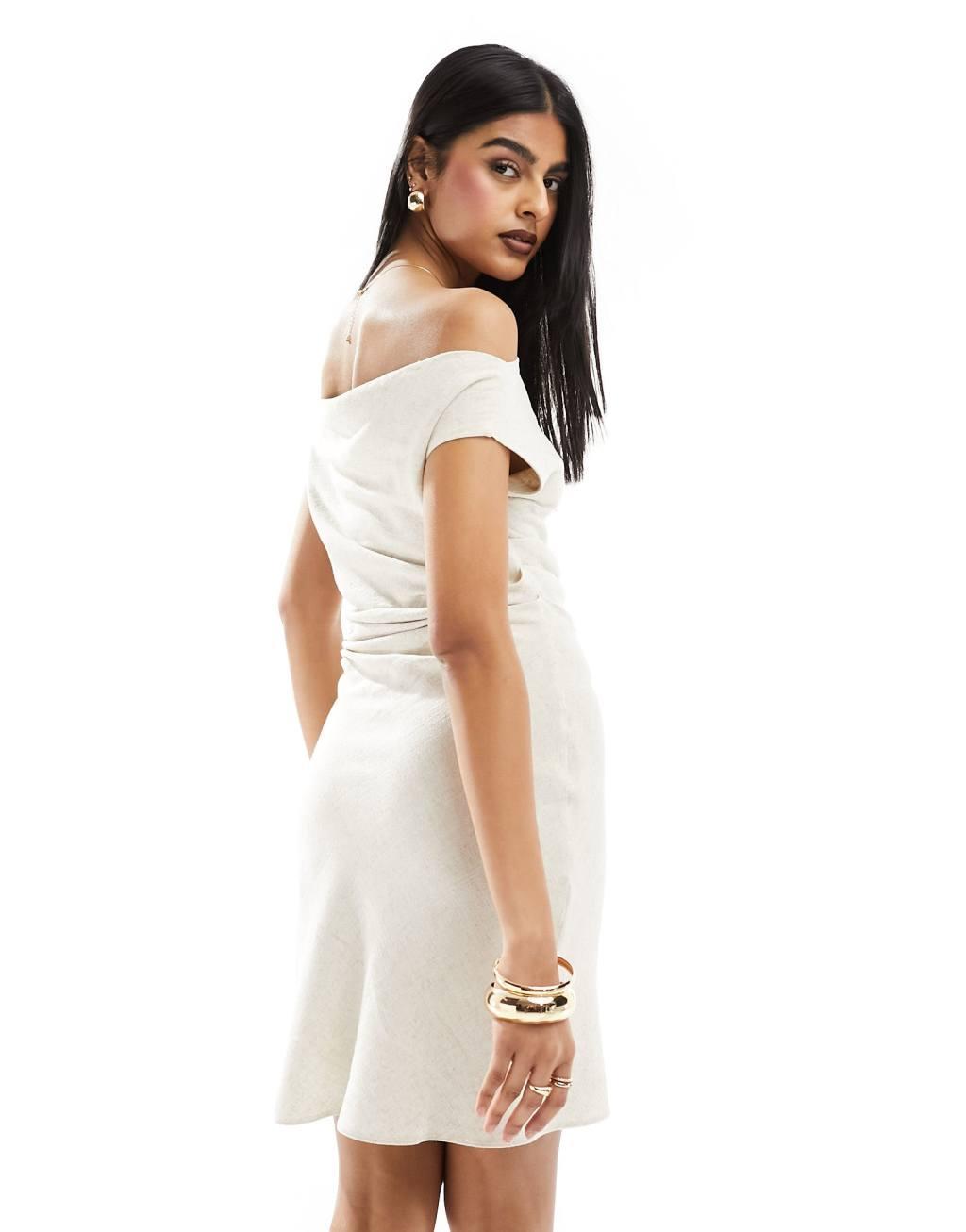 ASOS DESIGN linen look bardot bias cut mini dress with gathered waist in oatmeal Product Image