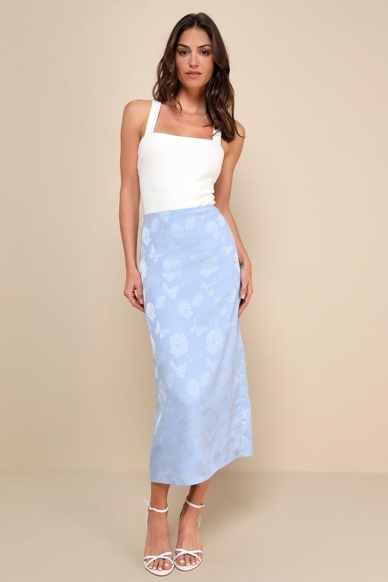 Delightful Approach Light Blue Floral Jacquard Midi Skirt Product Image