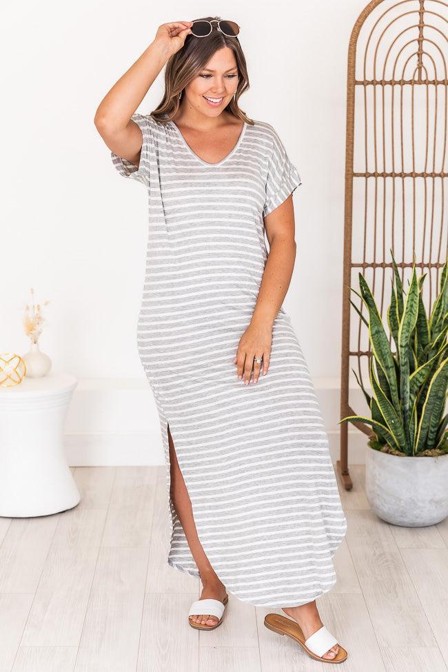 Set Yourself Free Grey/White Striped Maxi T-Shirt Dress Product Image