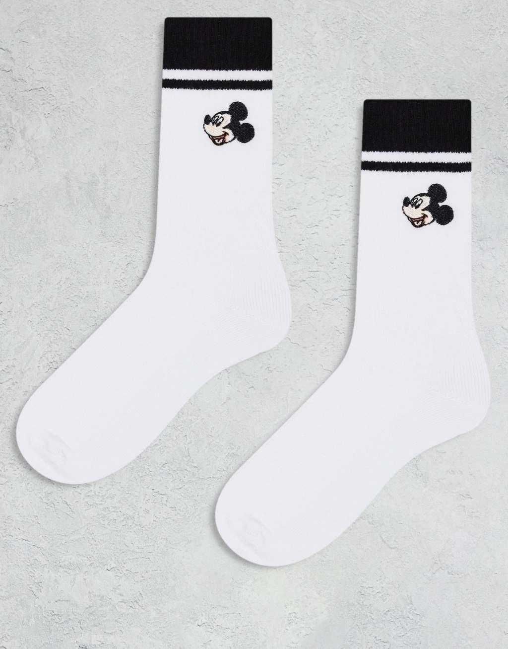 ASOS DESIGN 2 pack Mickey Mouse socks with black stripes in white Product Image