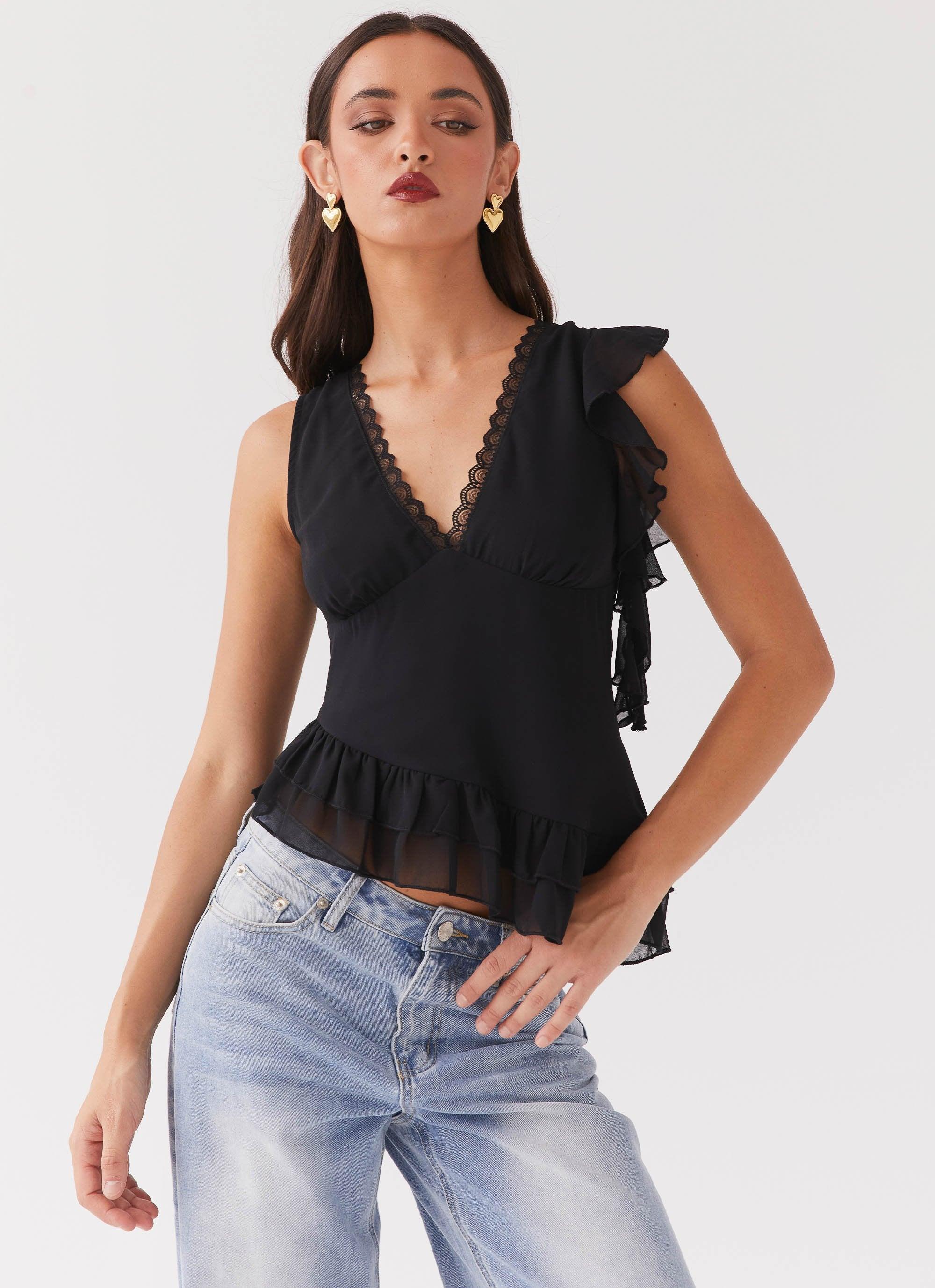 Empress Frill Trim Top - Black Product Image