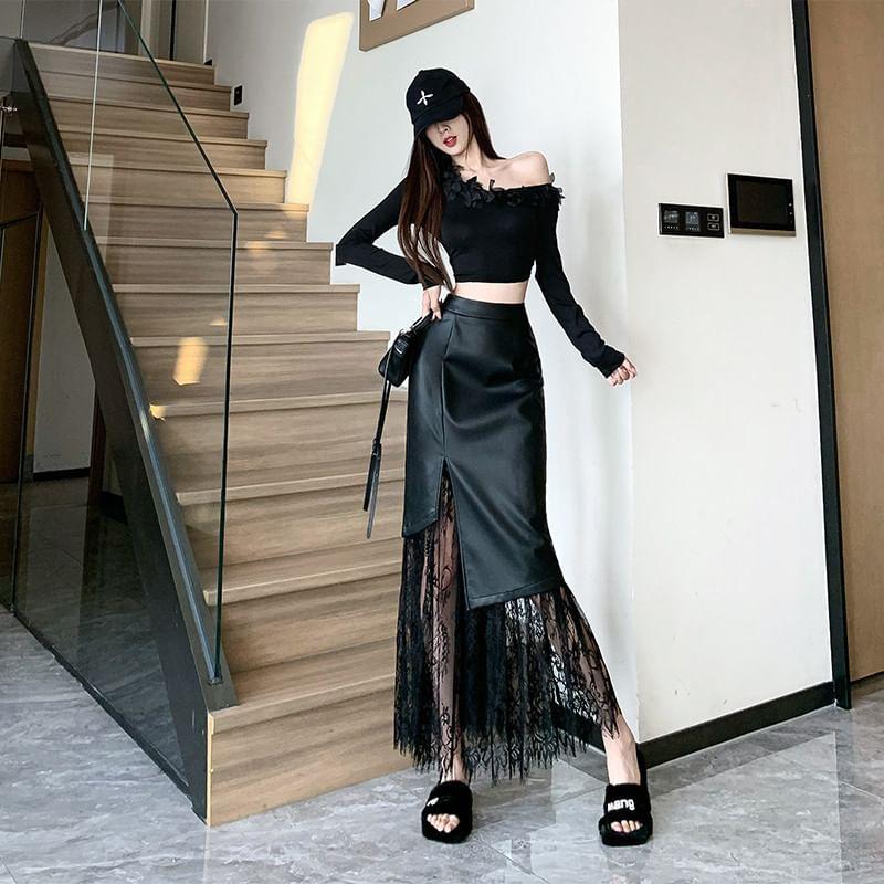 High Waist Plain Asymmetrical Lace Panel Maxi Pencil Skirt Product Image