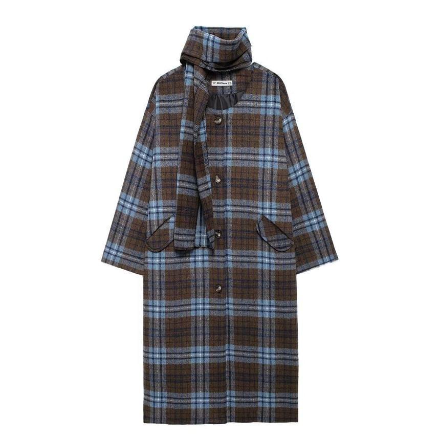 Set: Plaid Button-Up Long Coat + Scarf Product Image