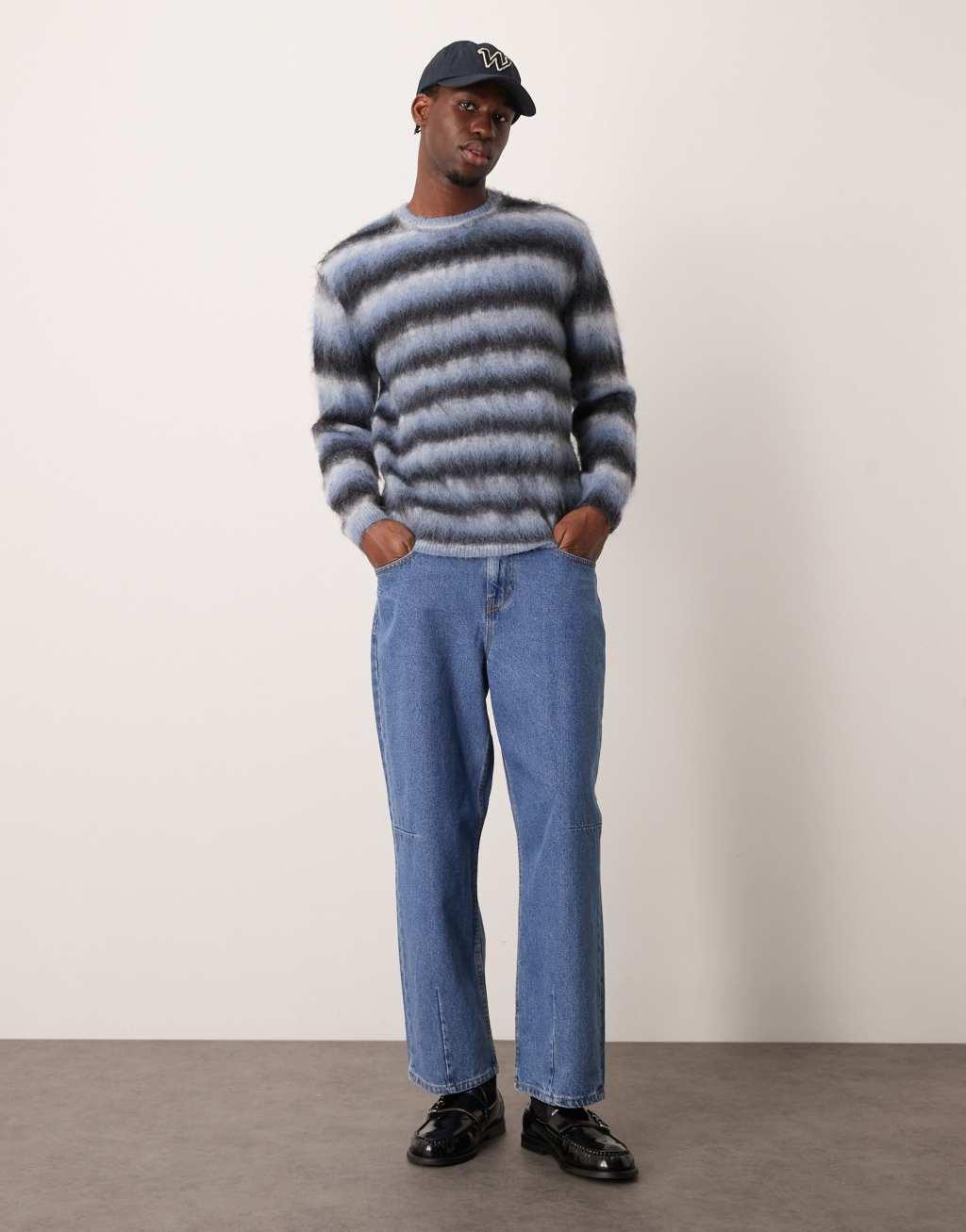 ASOS DESIGN relaxed fluffy knitted sweater in blue stripe Product Image