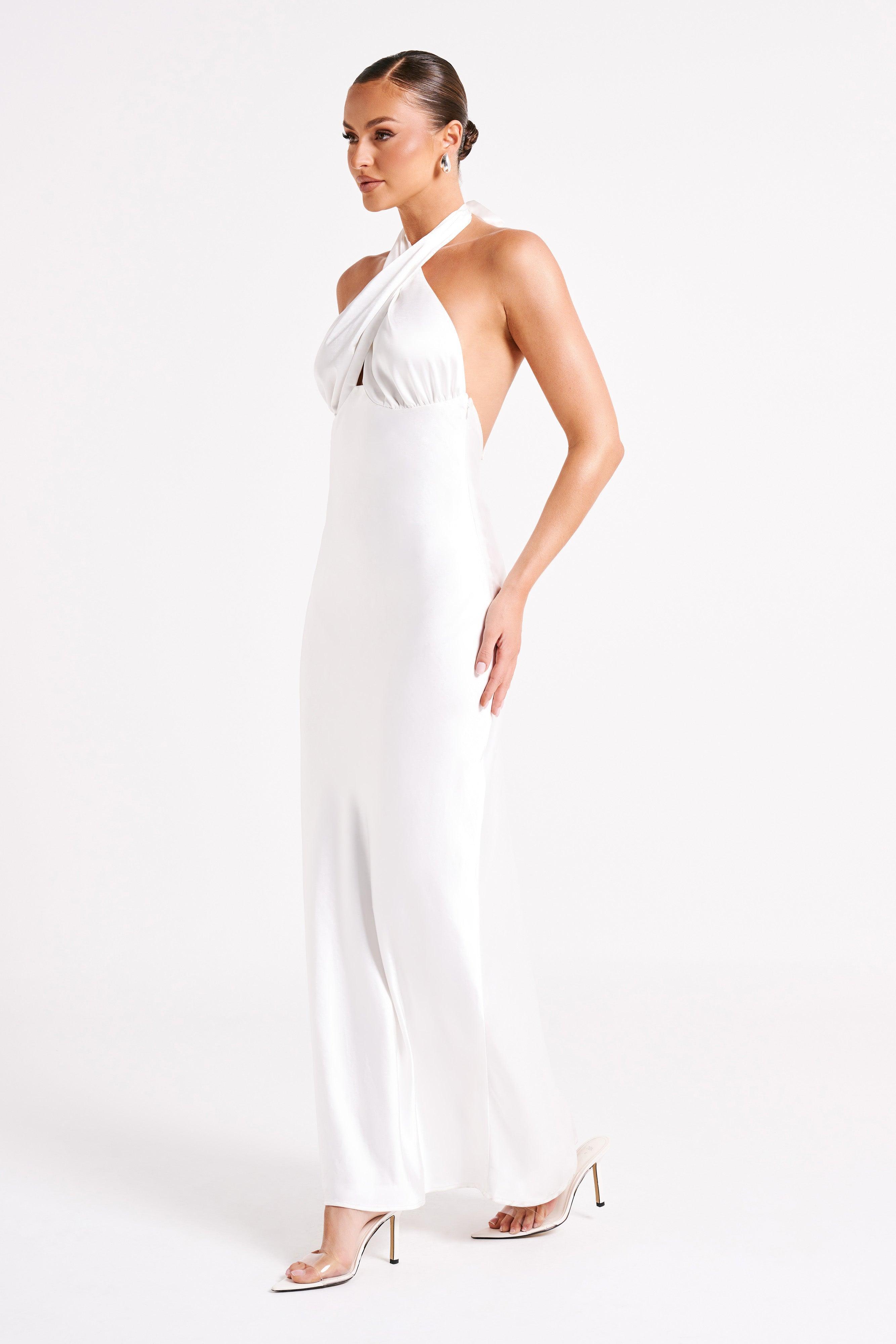 Marvelle Satin Halter Maxi Dress - White Product Image