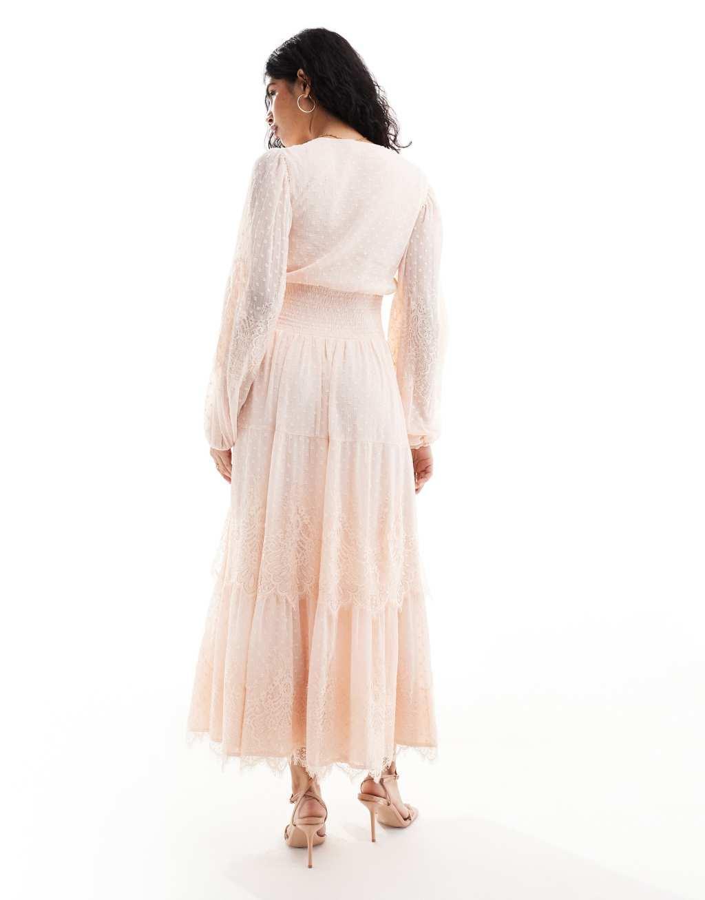 ASOS DESIGN lace trim tiered maxi dress in light pink texture Product Image