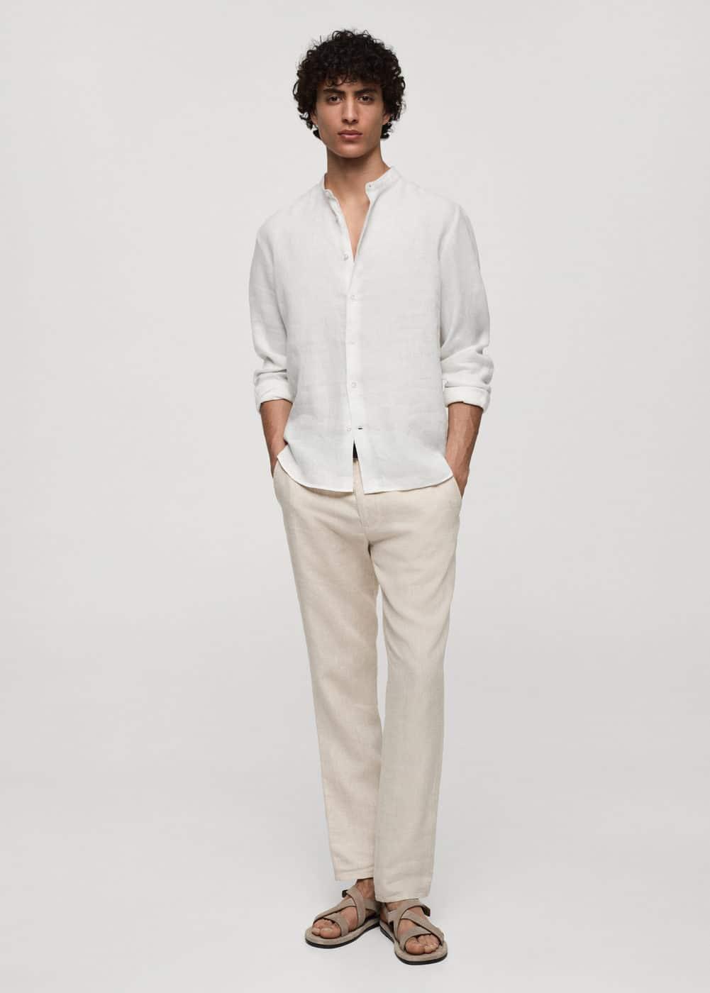 MANGO MAN - 100% linen Mao collar shirt whiteMen Product Image