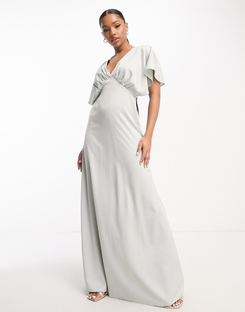 Maya Bridesmaid cape sleeve satin maxi dress in pale gray Product Image