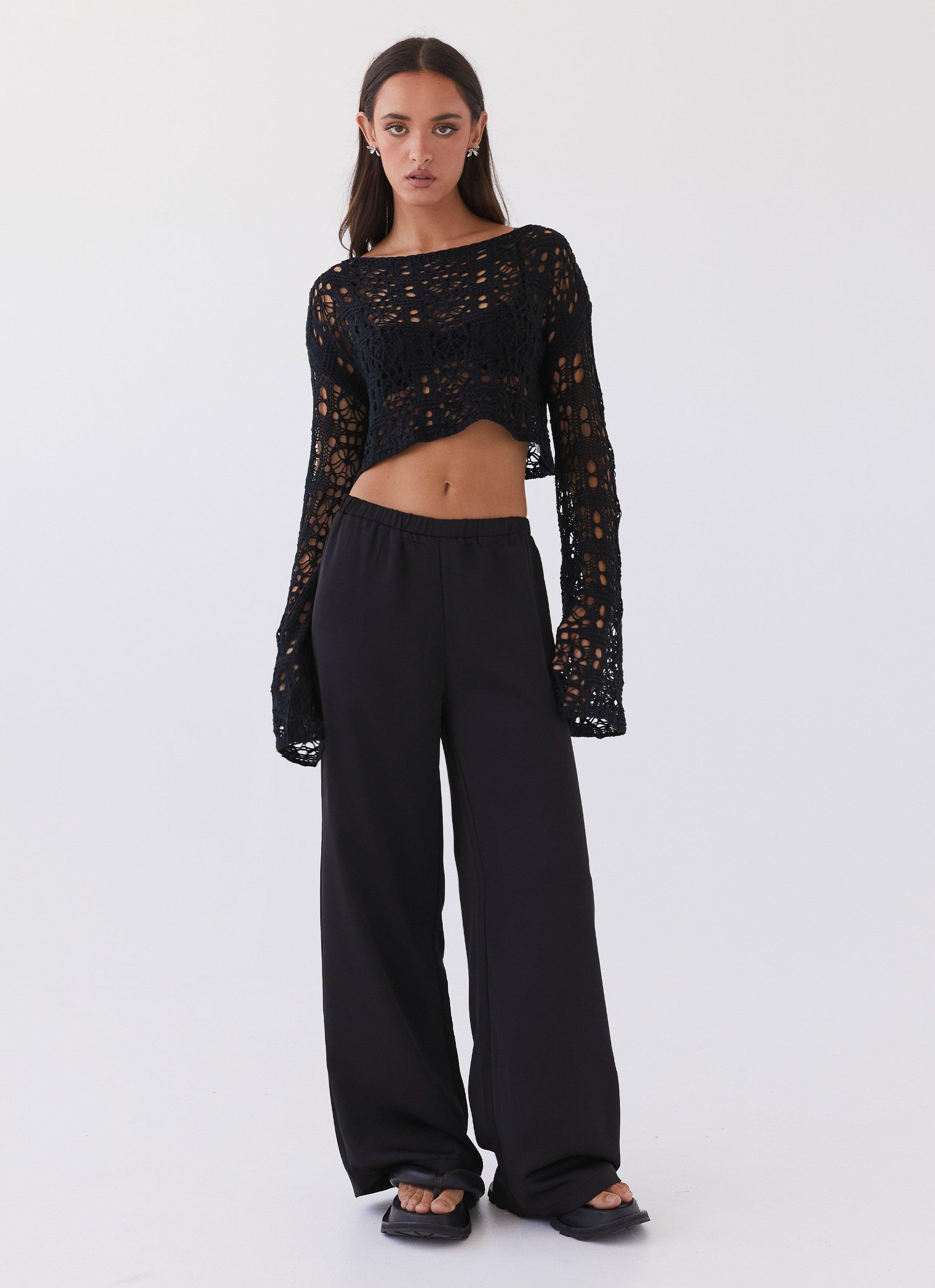 Free Mind Crochet Long Sleeve Top - Black Product Image