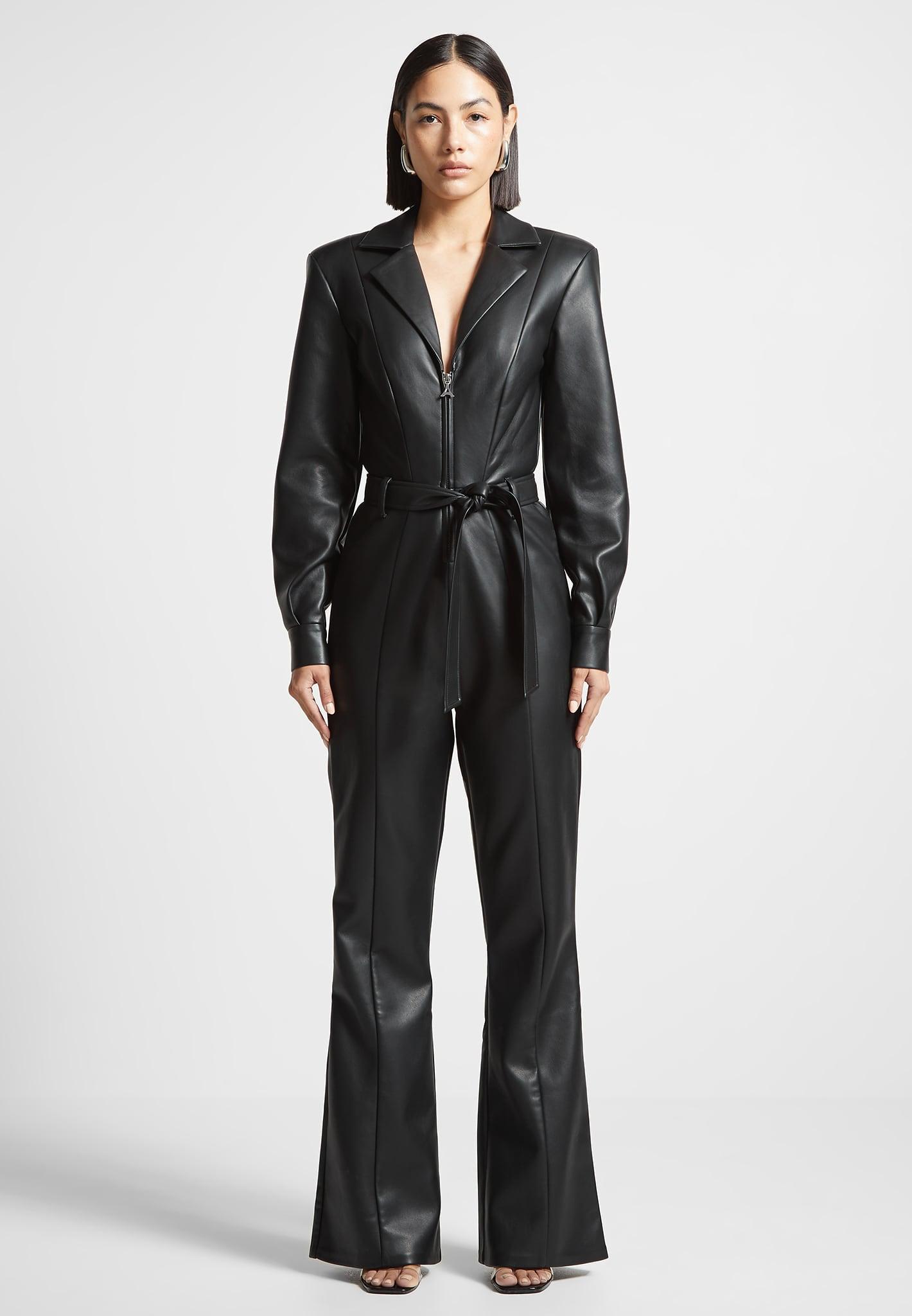 Vegan Leather Fit and Flare Belted Jumpsuit - Black Female Product Image