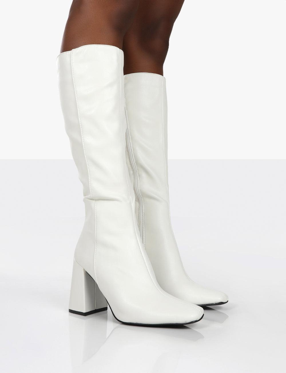 Public Desire US Apology White Pu Knee High Block Heel Boots - female Product Image