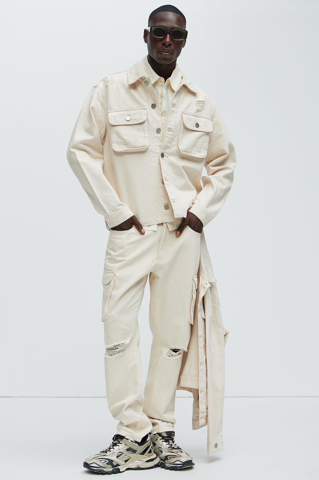 Benson Distressed Slim Cargo Pants - Cream Product Image