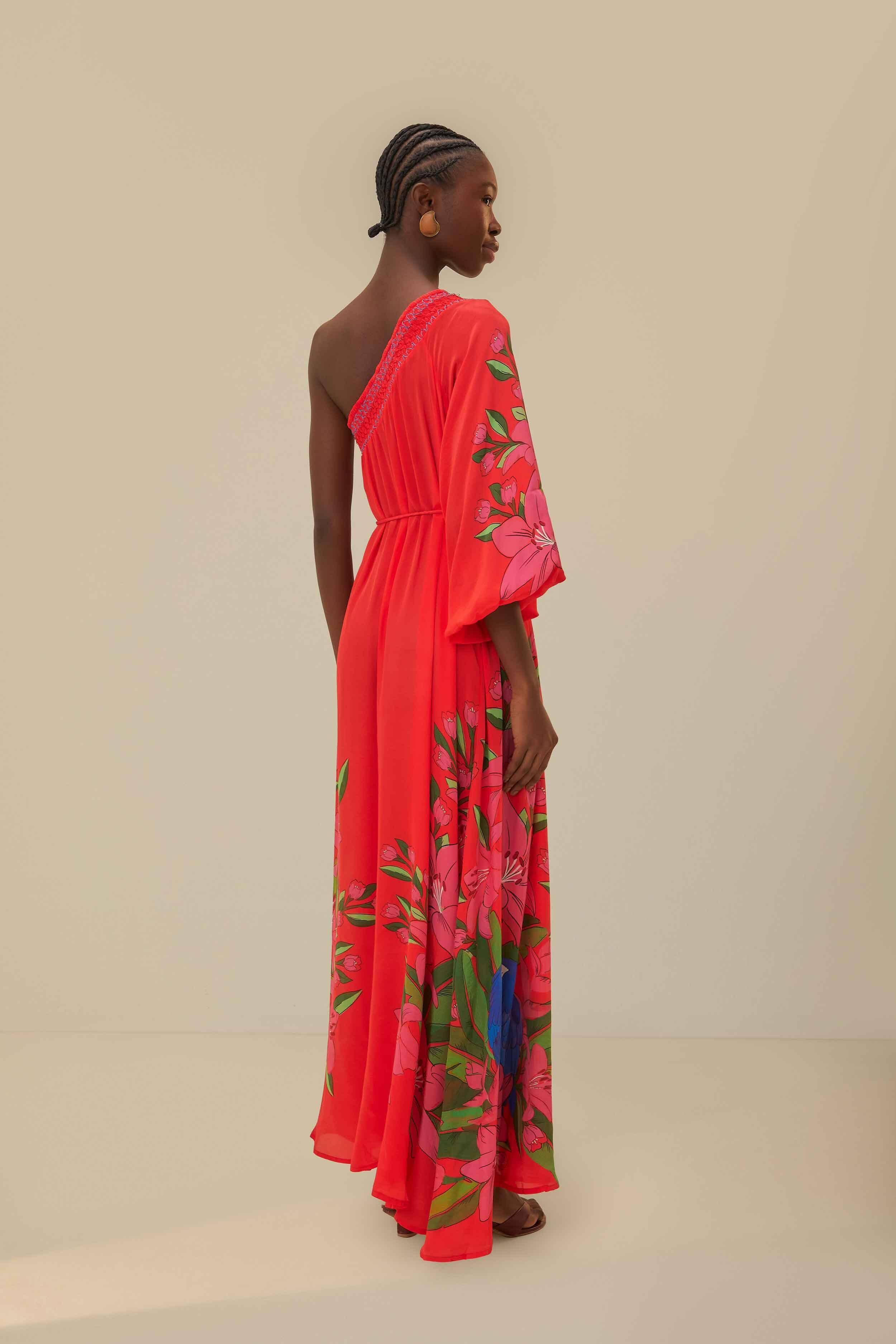 Red Summer Foliage Scarf Maxi Dress Product Image