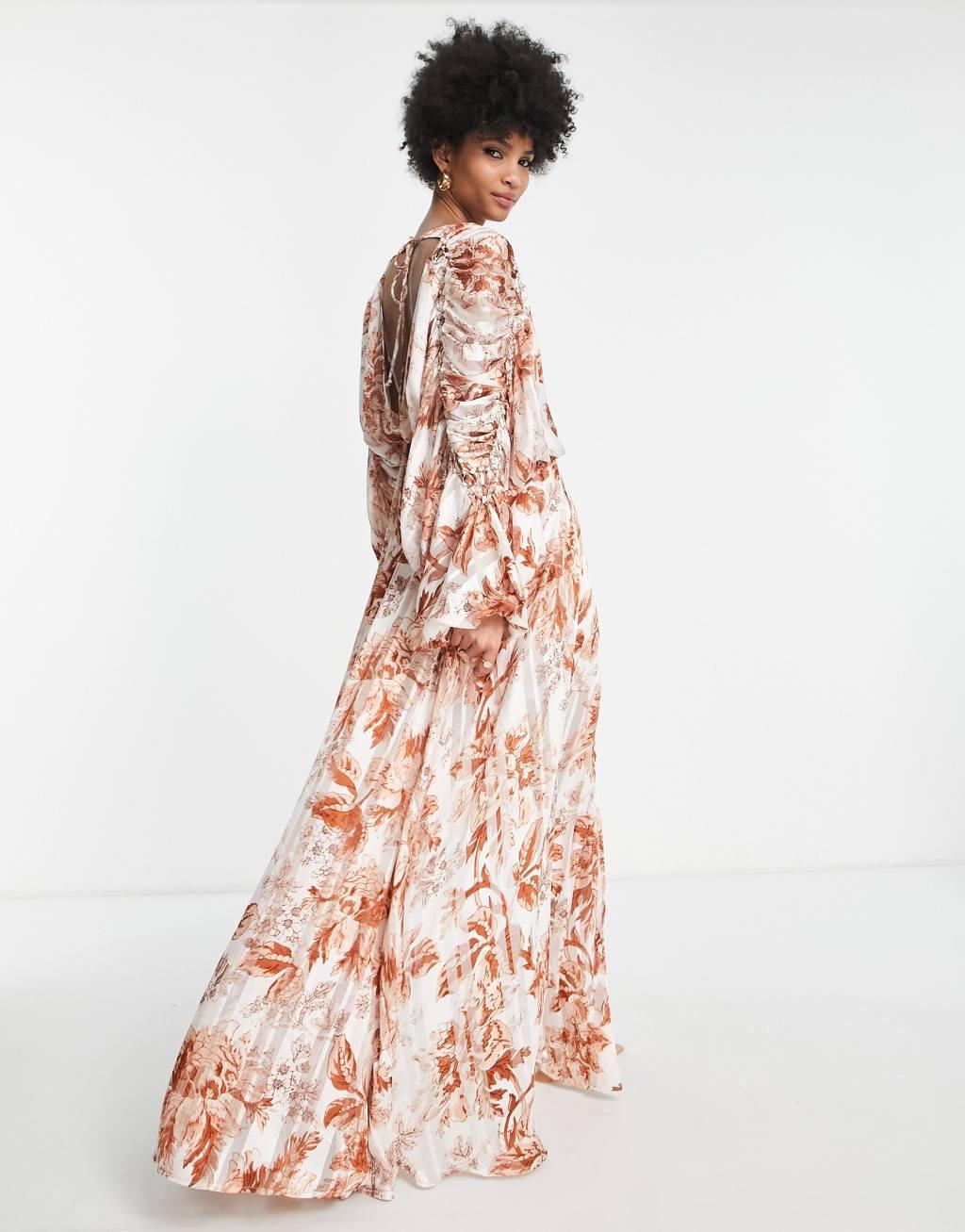 ASOS DESIGN Tall satin stripe blouson maxi dress with ring detail in floral print  Product Image