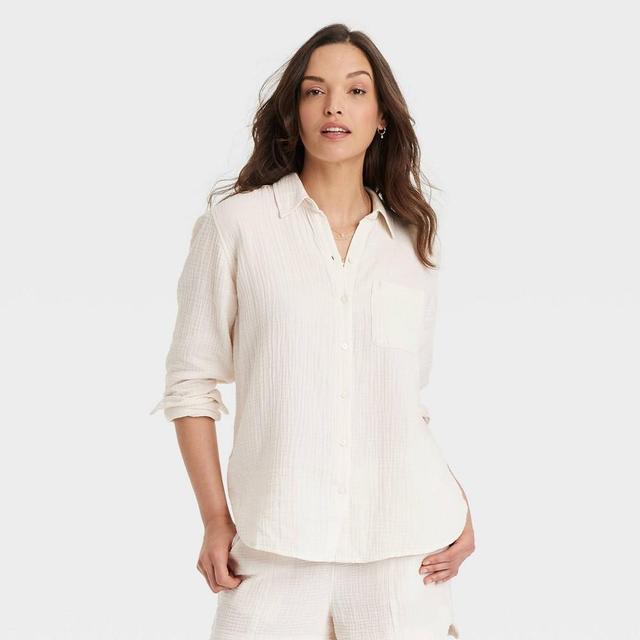 Womens Long Sleeve Gauzy Collared Button-Down Shirt - Universal Thread Cream Product Image