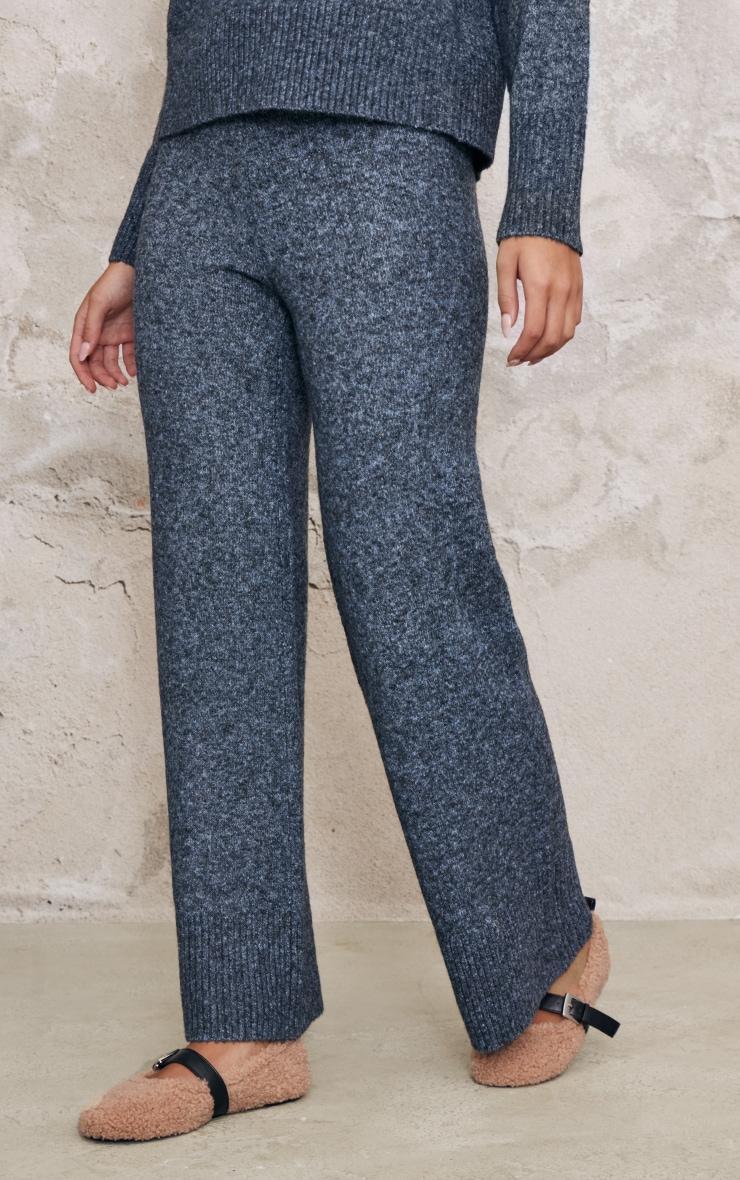  Charcoal Blue Luxe Knit  Wide Leg Pants Product Image