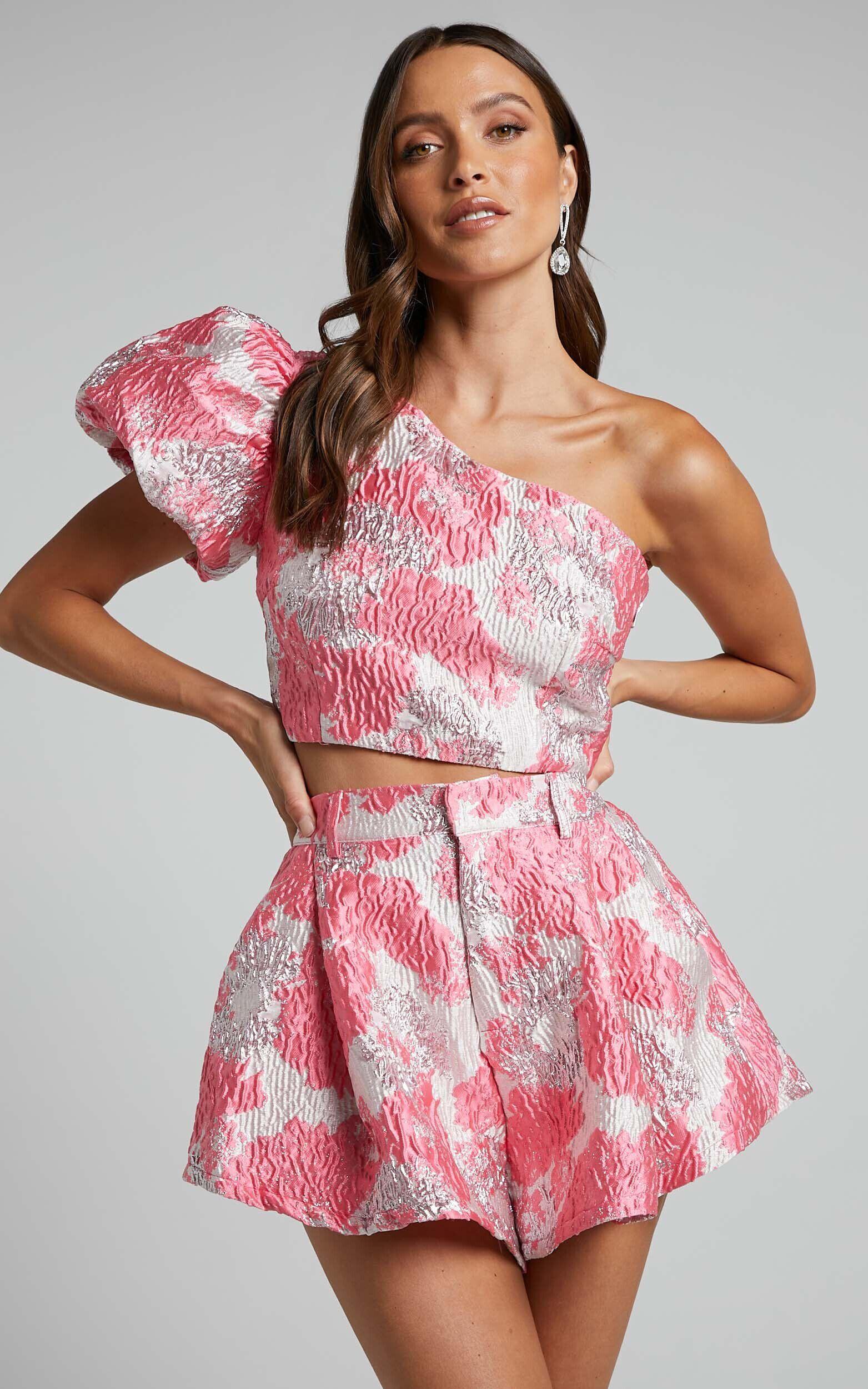 Brailey Two Piece Set - One Shoulder Puff Sleeve Top and Shorts Set in Light Pink Jacquard Product Image