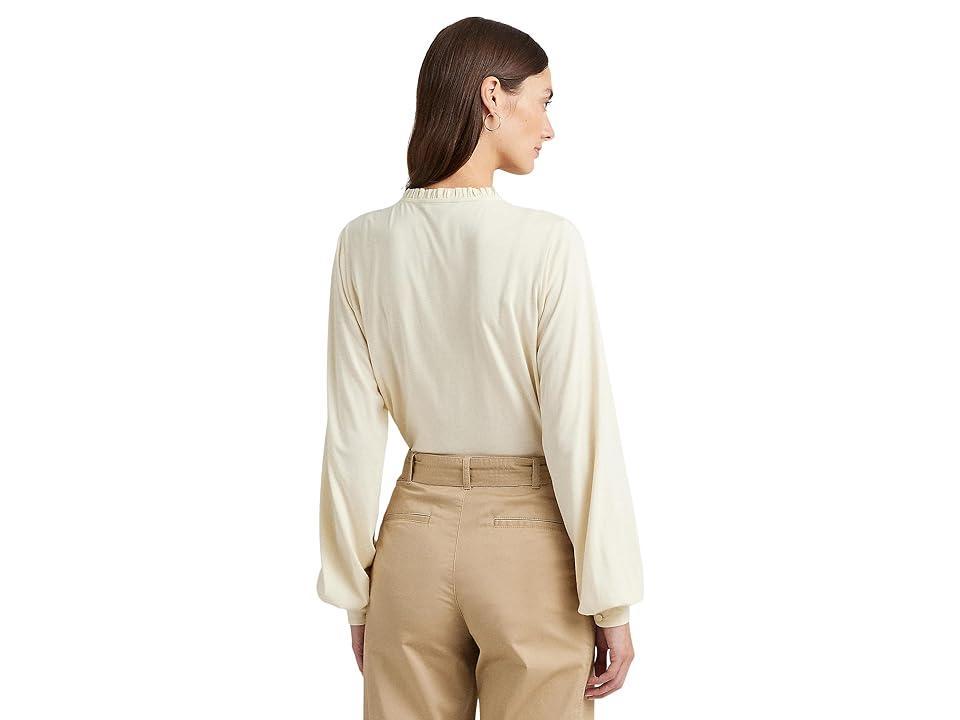 Lauren Ralph Lauren Embroidered Jersey Tie-Neck Top (Mascarpone Cream) Women's Clothing Product Image