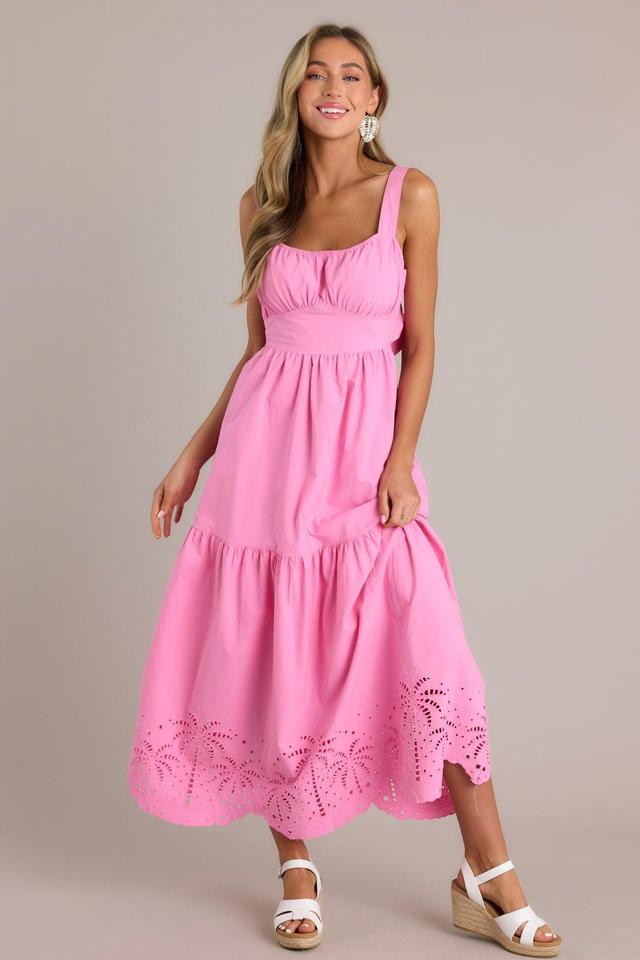 Garden Breeze 100% Cotton Pink Eyelet Midi Dress Product Image