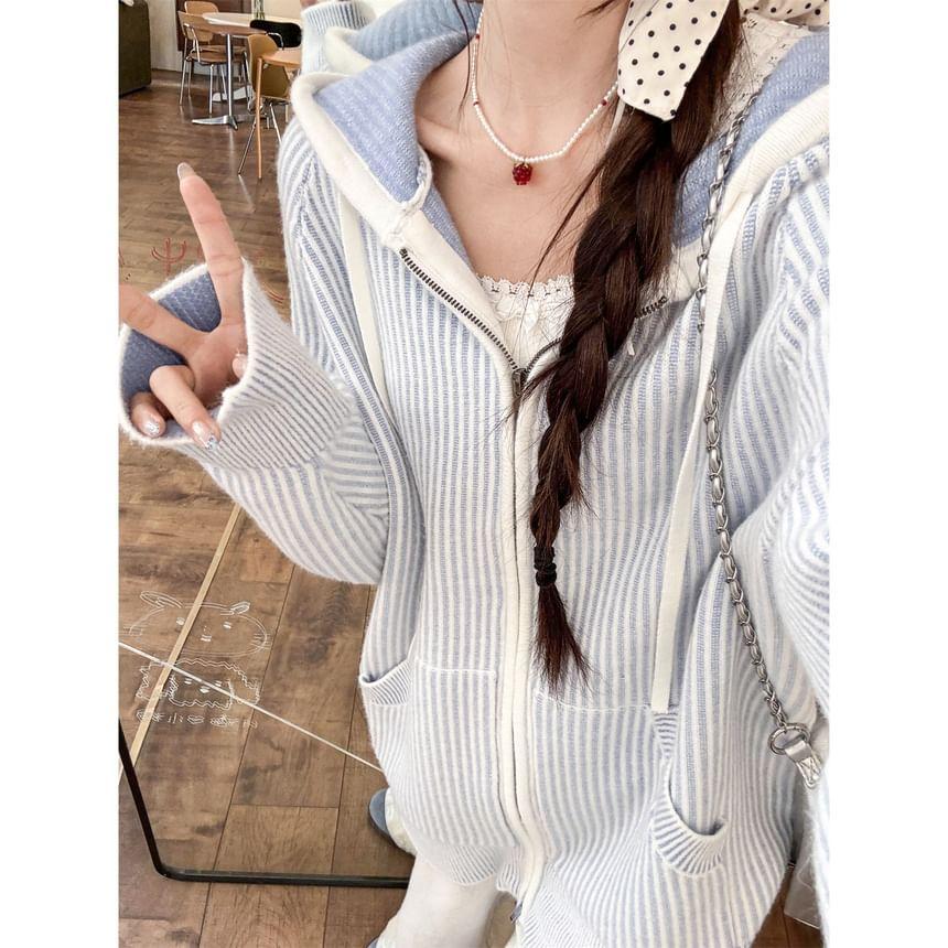 Striped Hooded Zip Cardigan Product Image