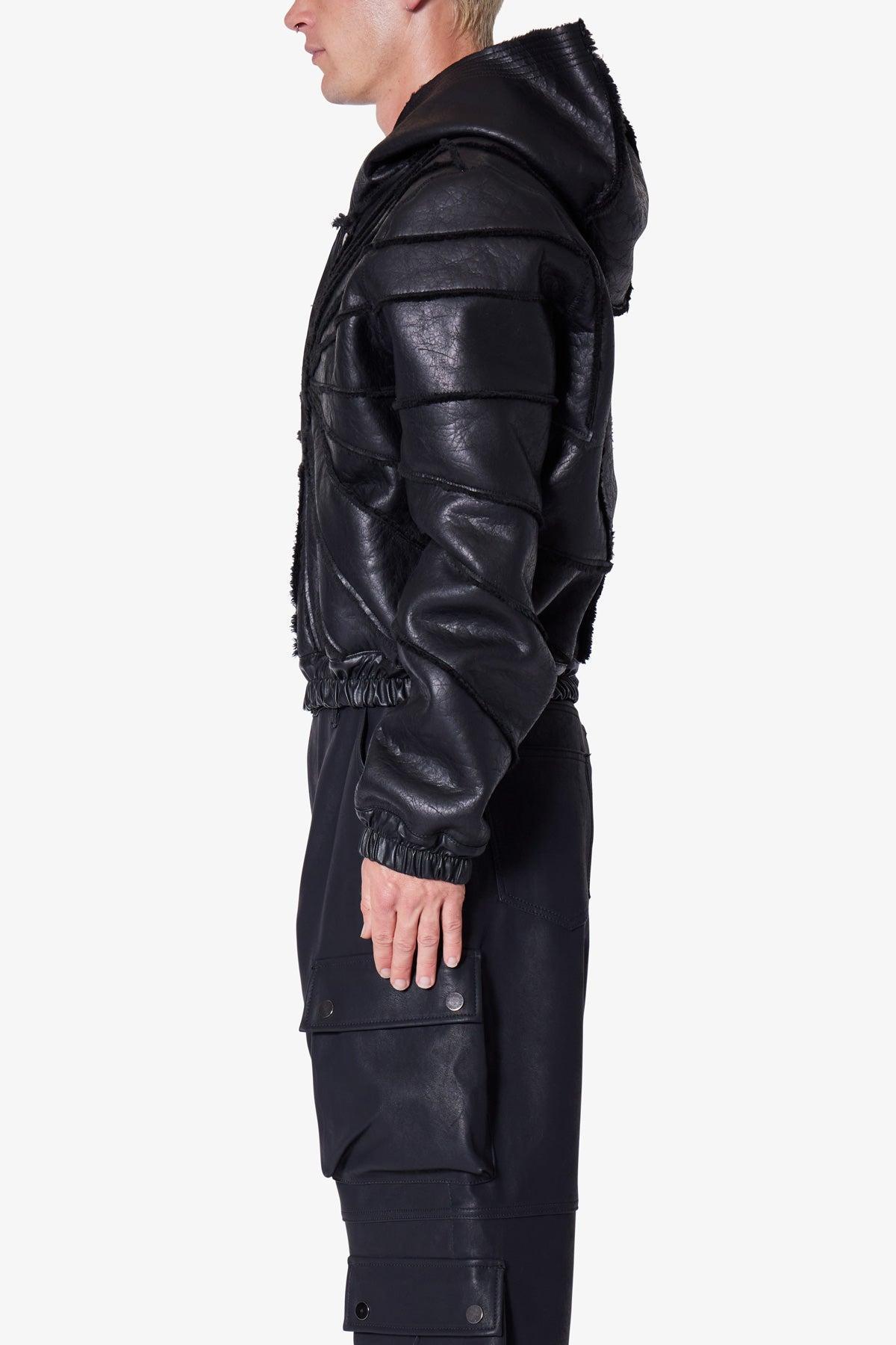 Leather Web Cropped Hoodie - Black Product Image