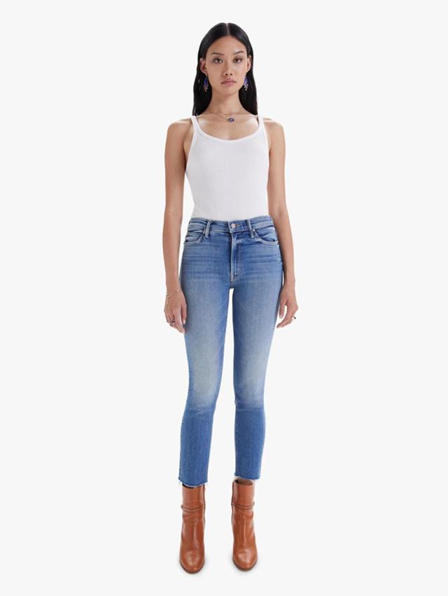 The Mid Rise Dazzler Ankle Fray Riding The Cliffside Jeans In Blue Product Image