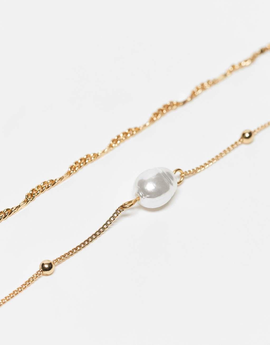 ASOS DESIGN 14k gold plated pack of 2 bracelets with fine chain and faux pearl detail Product Image