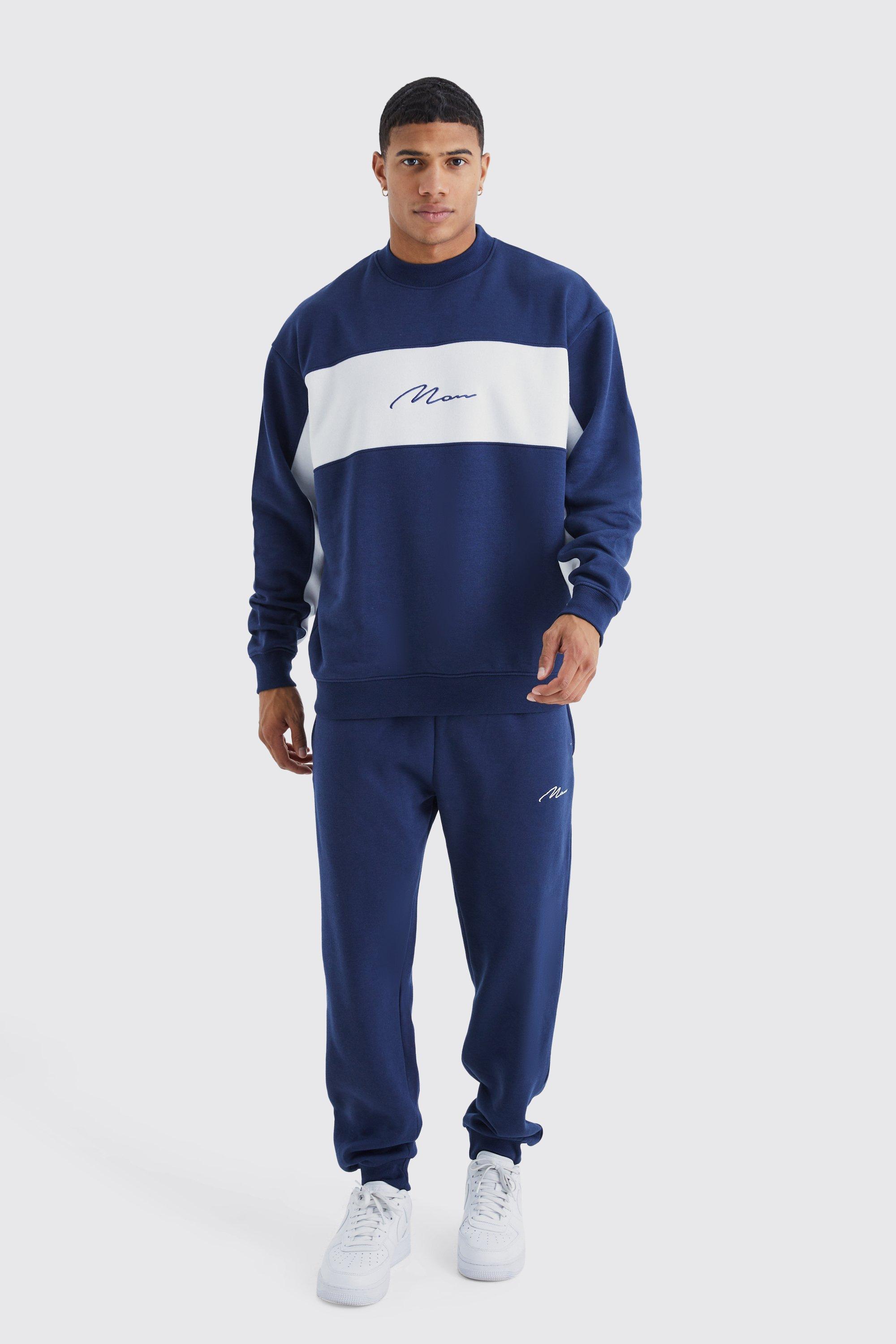 Mens Navy Colour Block Tracksuit, Navy Product Image