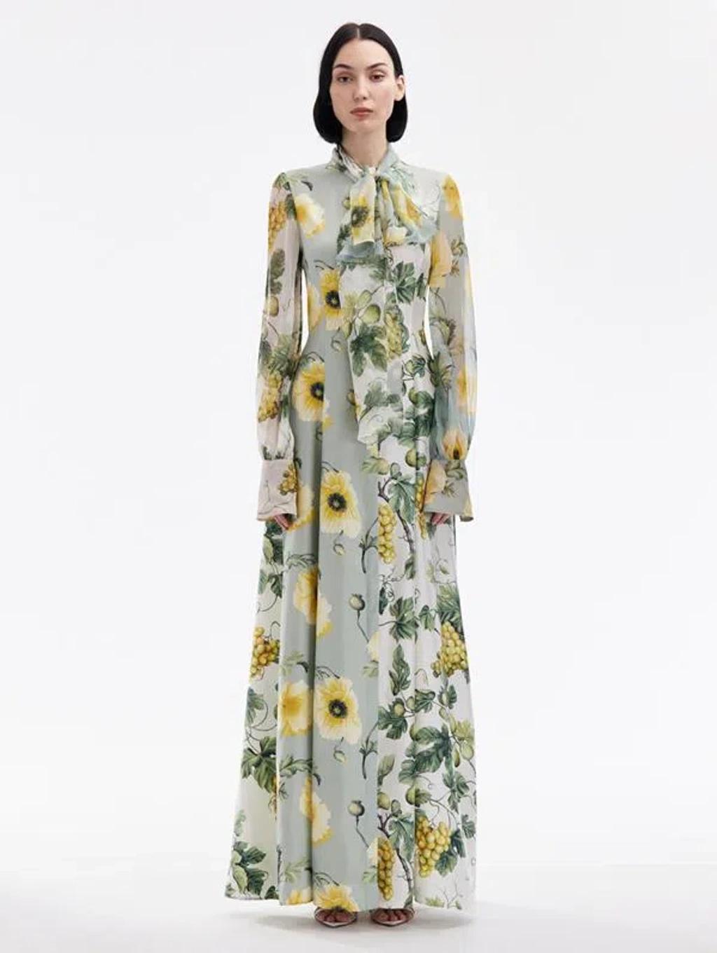 OSCAR DE LA RENTA Tie-detailed Chiffon-trimmed Printed Silk-twill Gown In Multi Product Image