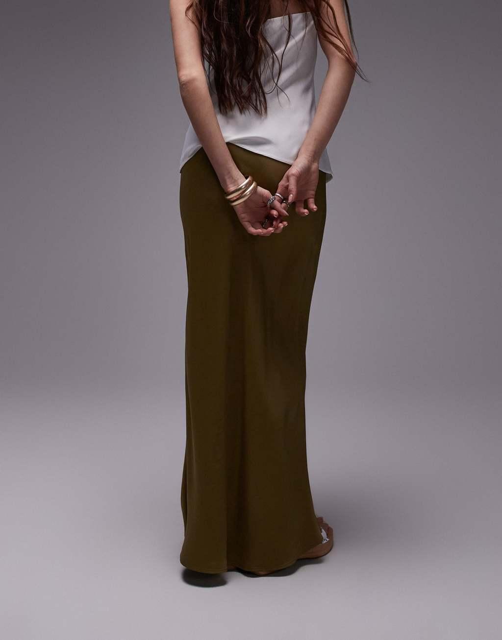 Topshop satin bias maxi skirt in khaki Product Image