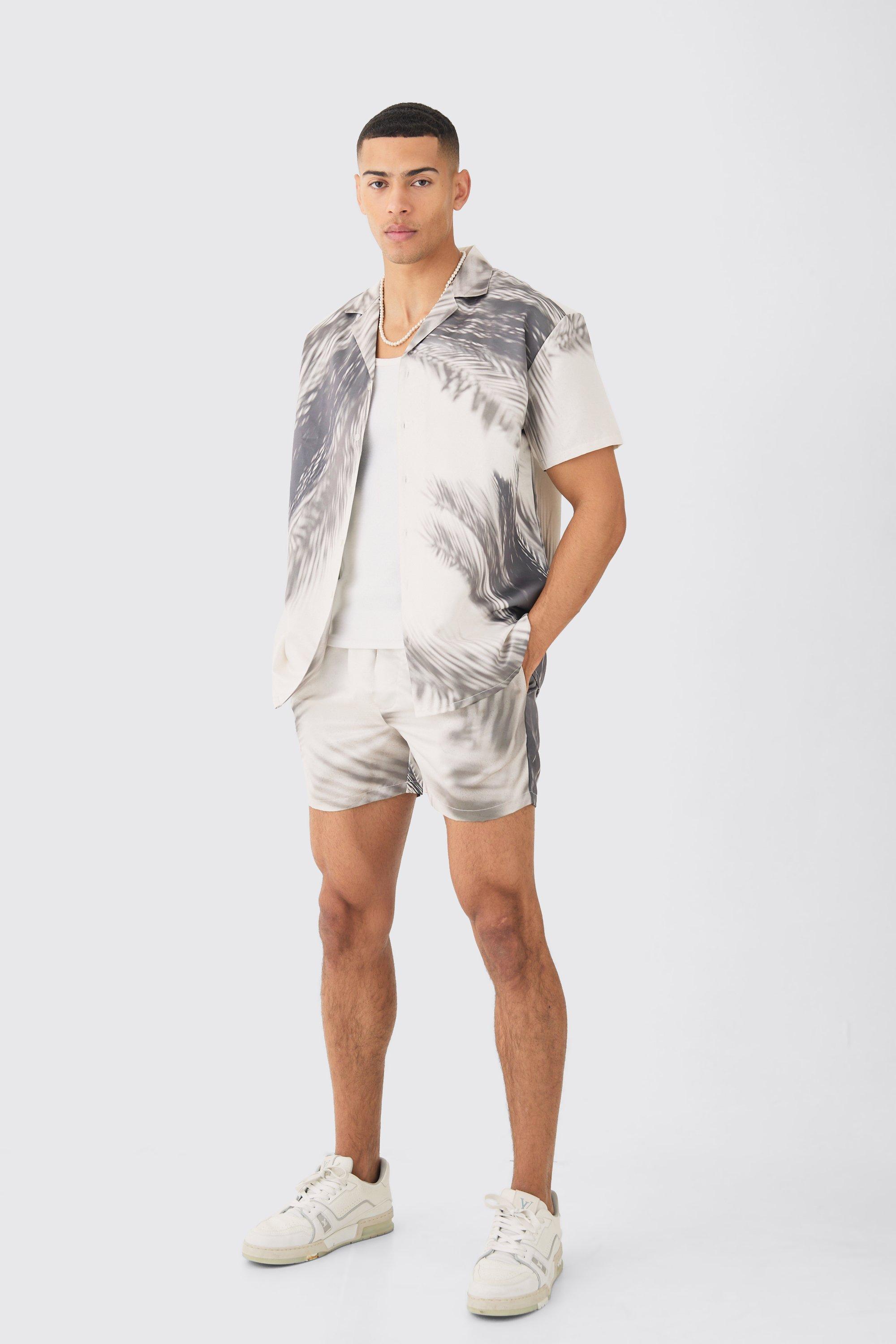 Oversized Satin Branch Print Shirt And Short | boohooMAN USA Product Image