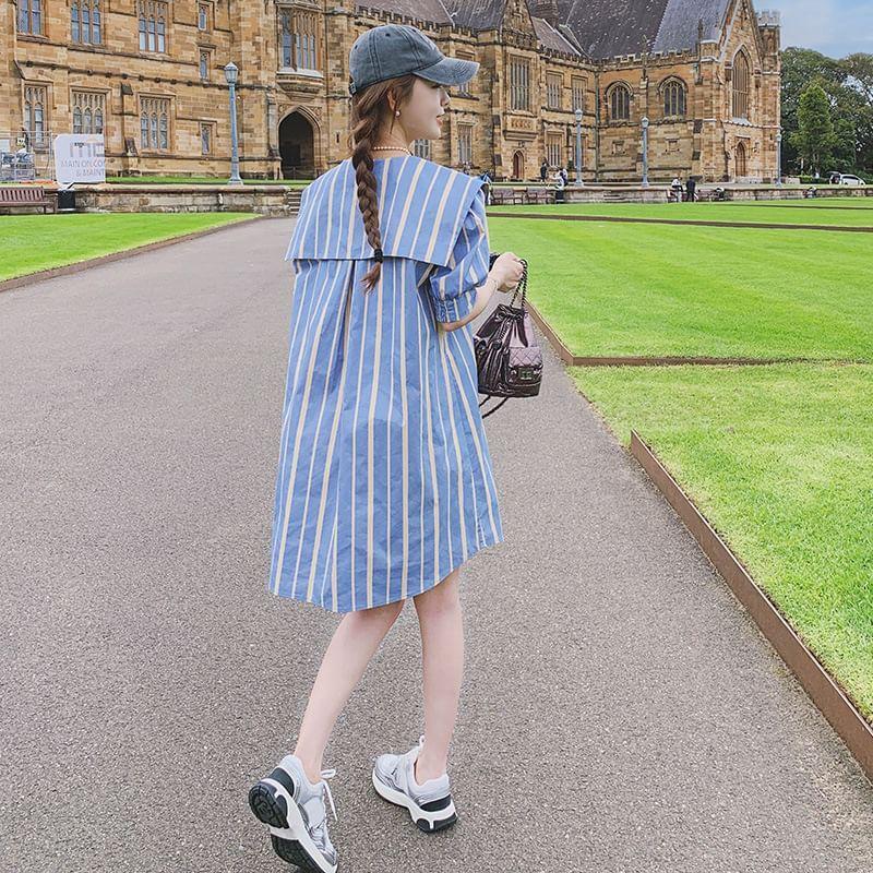 Puff-Sleeve Sailor Collar Striped Shirt Dress Product Image