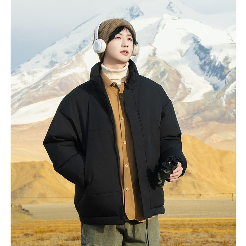 Stand Collar Plain Zip Puffer Jacket Product Image